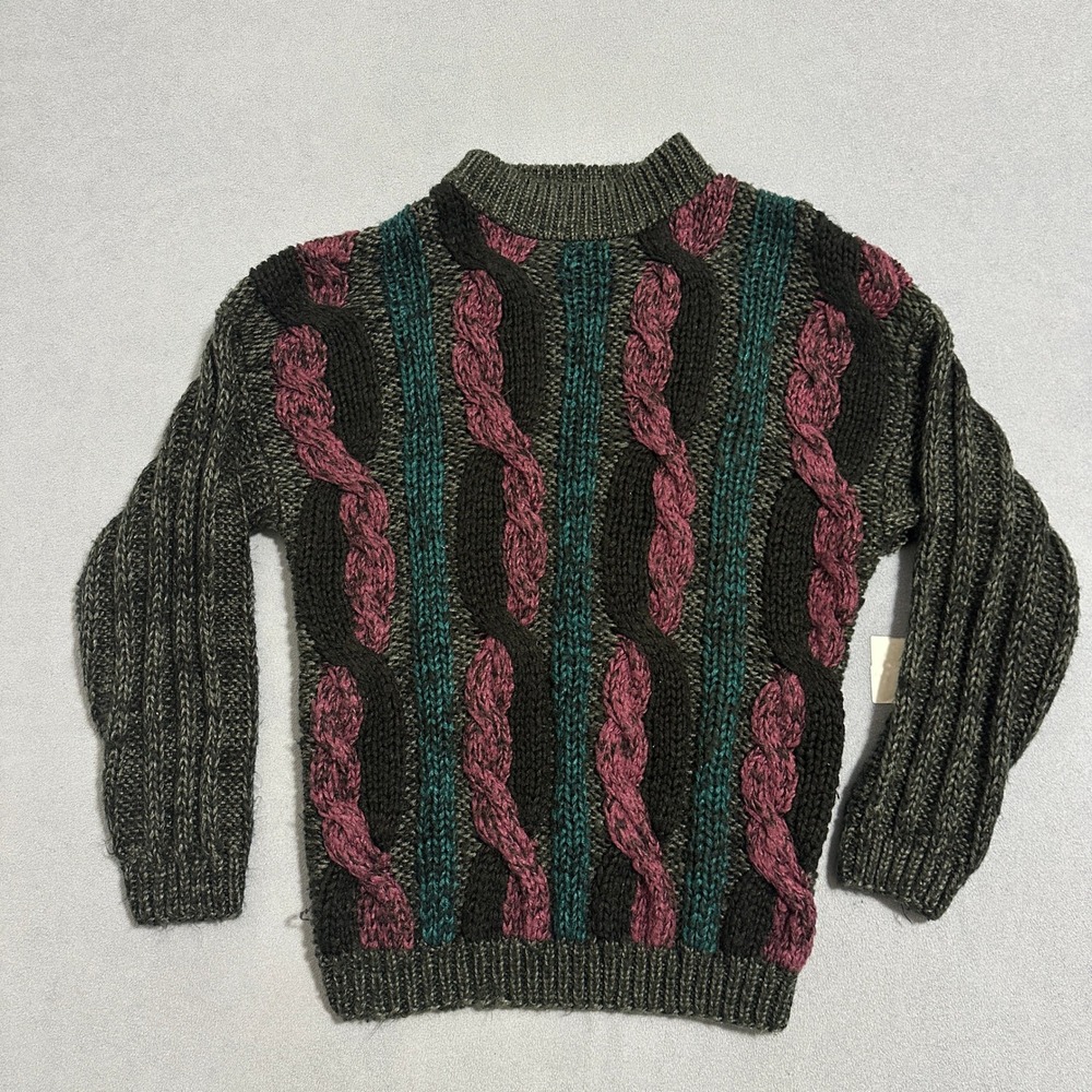 Vintage Avenues Street Scenes XL Chunky Cable Knit Sweater Gray Burgundy Teal
